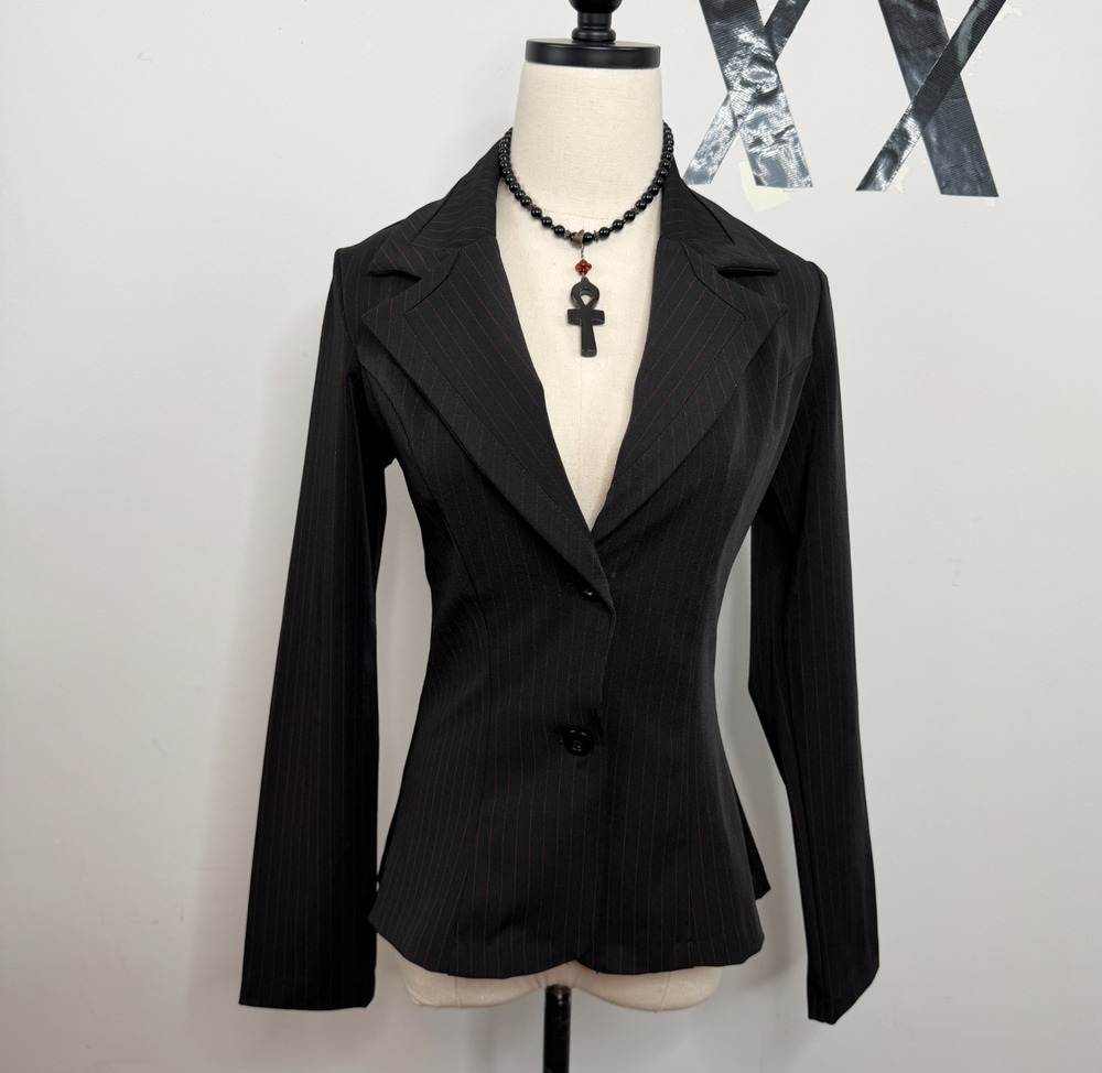 Vintage Y2K Hot Kiss Black Red Pinstripe Deep V Two Button Tailored Blazer USA S